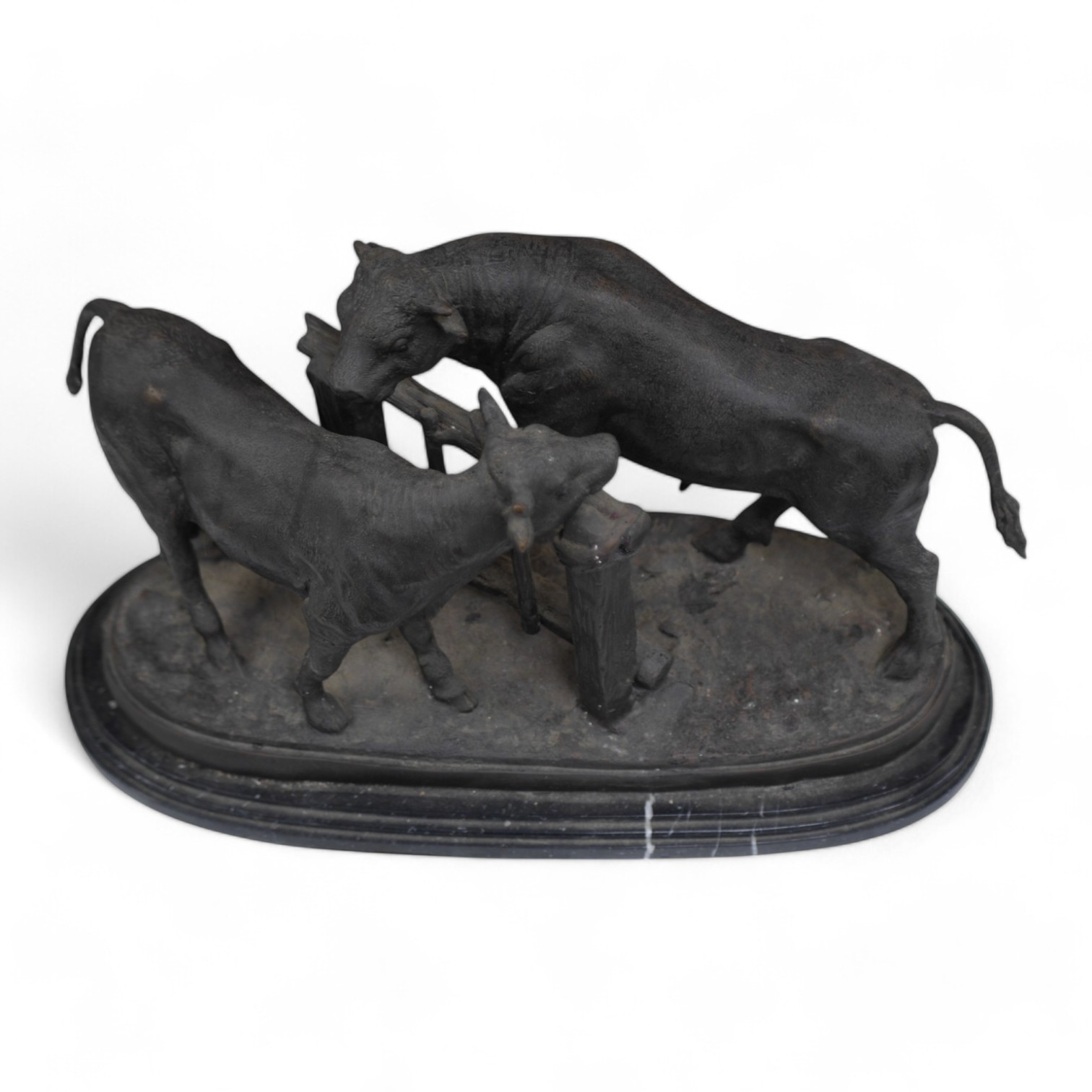 After Pierre-Jules Mêne (1810-1879), patinated metal group of bulls, 31cm high x 50cm wide. Condition - fair needs cleaning